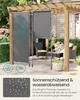 A patio area with a wooden pergola and two gray roller blinds installed. Furniture and plants are visible in the background. Produktbild-Vorschau