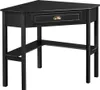 A black corner desk with a drawer and shelves, shown from the front-left. Produktbild-Vorschau