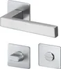A set of stainless steel door handles and escutcheons on a white background. Produktbild-Vorschau