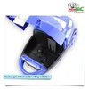 A blue vacuum cleaner with its lid open, showing the interior, with a logo and text overlay. Náhled obrázku produktu