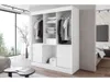 A white wardrobe with clothes and folded items is shown in a bedroom setting with a bed and a TV in the background. Produktbild-Vorschau