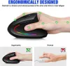 A hand holding an ergonomic mouse, with diagrams comparing it to a normal mouse. Produktbild-Vorschau