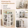 A collage of images showcasing a white corner shelf unit in various room settings and configurations, highlighting its versatility for display, books, and toys. Podgląd zdjęcia produktu