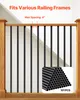 A staircase railing with black balusters and wooden handrails and posts. A pile of black balusters is shown in the bottom right corner. Produktbild-Vorschau