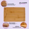 A bamboo cutting board with various features highlighted by text and close-up images. Produktbild-Vorschau