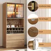 A tall wooden cabinet with glass doors and LED lighting, showcasing wine bottles and glasses, with inset images highlighting product features. Náhled obrázku produktu