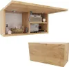 A wooden cabinet with its door open, showing internal shelves and items. Below it, a separate wooden box. Produktbild-Vorschau