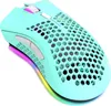 A close-up, angled shot of a light green gaming mouse with a honeycomb design and RGB lighting. Náhled obrázku produktu