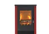 A modern fireplace with a glass door showing burning logs. Produktbild-Vorschau