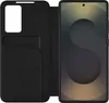 A black flip wallet case for a smartphone is shown open, with the phone inside. Podgląd zdjęcia produktu