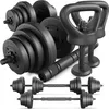 A collection of black weightlifting equipment, including dumbbells, kettlebells, and a connecting bar, arranged on a white background. Produktbild-Vorschau