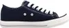 A side view of a navy blue canvas sneaker with white laces and a white sole. Produktbild-Vorschau