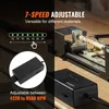 A split image showing a mini lathe on the right and a power adapter with speed indicators on the left. Produktbild-Vorschau