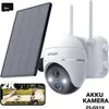 A product shot of a solar-powered security camera with a solar panel and a smartphone displaying the camera feed. Produktbild-Vorschau
