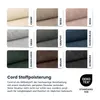 A grid of fabric swatches in different colors and textures, with descriptive text below. Produktbild-Vorschau