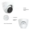 Diagrams of a white dome security camera with labels pointing to its features. Produktbild-Vorschau
