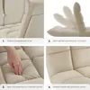 A collage of four images showcasing features of a beige armchair, including a removable cover, adjustable backrest, plush cushioning, and stitching pattern. Náhled obrázku produktu