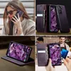 Collage of images showing a woman using a phone with a purple case, close-ups of the purple phone case, and a man holding a phone with the purple case and a credit card. Produktbild-Vorschau