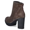 A single brown suede ankle boot with a thick heel and platform sole, shown from the back-left side against a white background. Produktbild-Vorschau