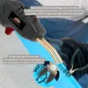 A person is using a plastic welding tool to repair a crack in a blue plastic object. A close-up shows pliers cutting off excess material. Produktbild-Vorschau
