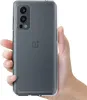 A hand holding a clear phone case over a OnePlus Nord 2 5G phone. Produktbild-Vorschau