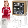 A young girl holds a lit gift box decoration while a set of three lit gift box decorations and a product box are displayed. Podgląd zdjęcia produktu
