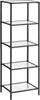 A tall, narrow, five-tier shelf unit with a black metal frame and clear glass shelves, shown against a white background. Voir les images du produit