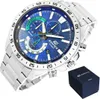 A Casio Edifice watch with a blue dial and silver metal band, presented with its dark blue box. Podgląd zdjęcia produktu