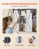 A woman is opening a cabinet door of a white bathroom cabinet with sliding barn doors. Below the cabinet are three circular insets showing close-ups of the cabinet's features: smooth track, easy-grab handle, and a hand cleaning the surface. Voir les images du produit