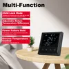 A smart thermostat is shown on a wooden table next to a small potted plant. Text overlays describe its features. Podgląd zdjęcia produktu