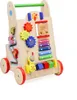 A wooden baby walker with various educational toys attached. Náhled obrázku produktu