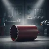 A red drill bit attachment lies on a concrete surface in a workshop setting. Voir les images du produit