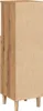 The side view of a tall, narrow cabinet with a wood-grain finish on one side and a plain particleboard finish on the other. It stands on four tapered wooden legs. Náhled obrázku produktu