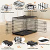 A black metal dog crate with various features highlighted by callouts and text. Podgląd zdjęcia produktu