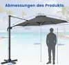 A diagram showing the dimensions of a patio umbrella, with a silhouette of a person for scale, set against a blurred background of a swimming pool and palm trees. Náhled obrázku produktu