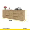 A wooden sideboard with decorative items on top, shown with dimensions indicated. Produktbild-Vorschau
