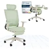 A light green ergonomic office chair is shown from the front, with a smaller, folded version of the same chair in the upper right corner. A certification badge is also visible. Podgląd zdjęcia produktu