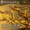 A close-up of decorative branches with LED string lights, showcasing different lighting modes. Produktbild-Vorschau