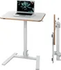 A white adjustable sit-stand workstation with a laptop on it, shown from the front and side. Produktbild-Vorschau