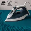 A close-up shot of an iron on a teal-colored fabric, likely a bedsheet. Produktbild-Vorschau