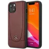 A close-up of a red leather iPhone case with a Mercedes-Benz logo, next to an iPhone displaying the lock screen. Anteprima dell’immagine prodotto