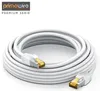 A coiled white Ethernet cable with gold-tipped connectors is presented on a white background. Produktbild-Vorschau