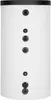 A white cylindrical water heater tank with multiple black connection ports visible. Produktbild-Vorschau