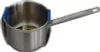 A stainless steel saucepan with a long handle and blue protective clips on the rim, isolated on a white background. Produktbild-Vorschau