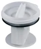 A white washing machine drain filter with a black rubber seal. Produktbild-Vorschau