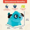 A plush blue puppy toy is shown with text and icons indicating its educational benefits and dimensions. Náhled obrázku produktu