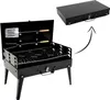 A black foldable grill is shown with its lid open, displaying grilling tools and a grill grate. A separate image of the grill in its folded, closed state is shown in the upper right corner, with an arrow indicating it can be stored inside. Voir les images du produit