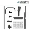 A collection of black shower components, including a showerhead, rain shower head, and various fixtures, laid out against a white background. An instruction manual is also visible. Anteprima dell’immagine prodotto