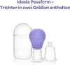 Three breast pump accessories are displayed on a white background. The largest item on the left is a clear plastic container with a lid. In the center is a purple silicone bulb attached to a clear plastic funnel. To the right is another clear plastic funne Náhled obrázku produktu