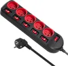 A black power strip with red outlets and individual switches for each outlet, along with its black power cord and plug, is shown against a white background. Náhled obrázku produktu